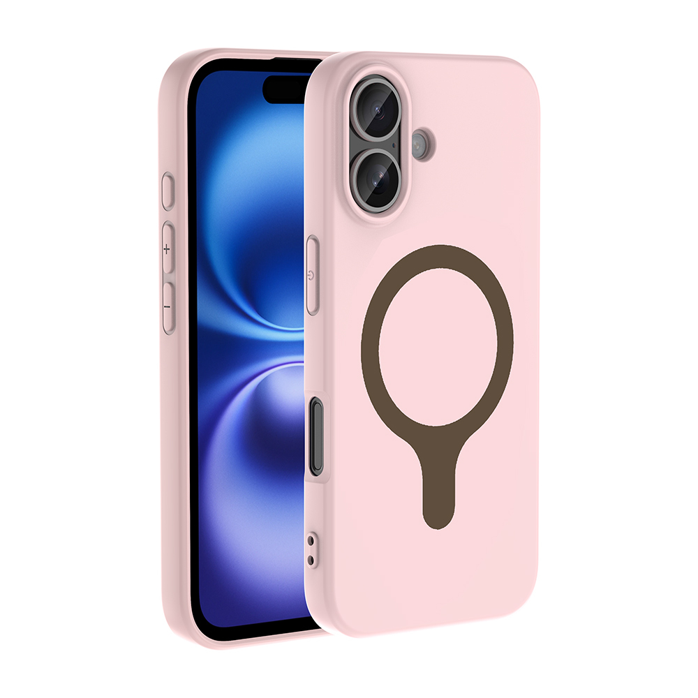 Kamera lensli ve kahverengi dairesel sembollü pembe telefon kılıfı.