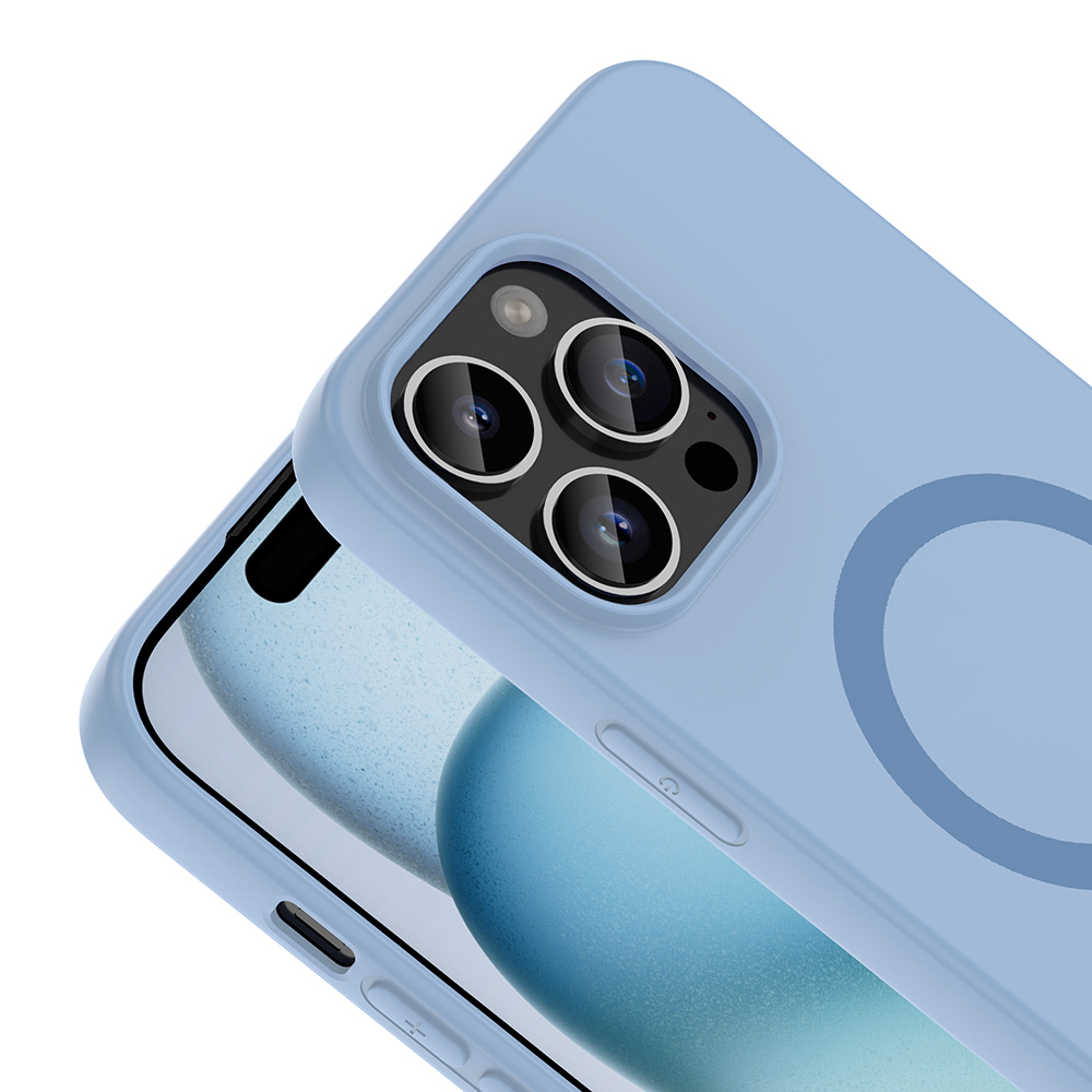 Kamera sistemli ve MagSafe halkalı açık mavi telefon kılıfı.