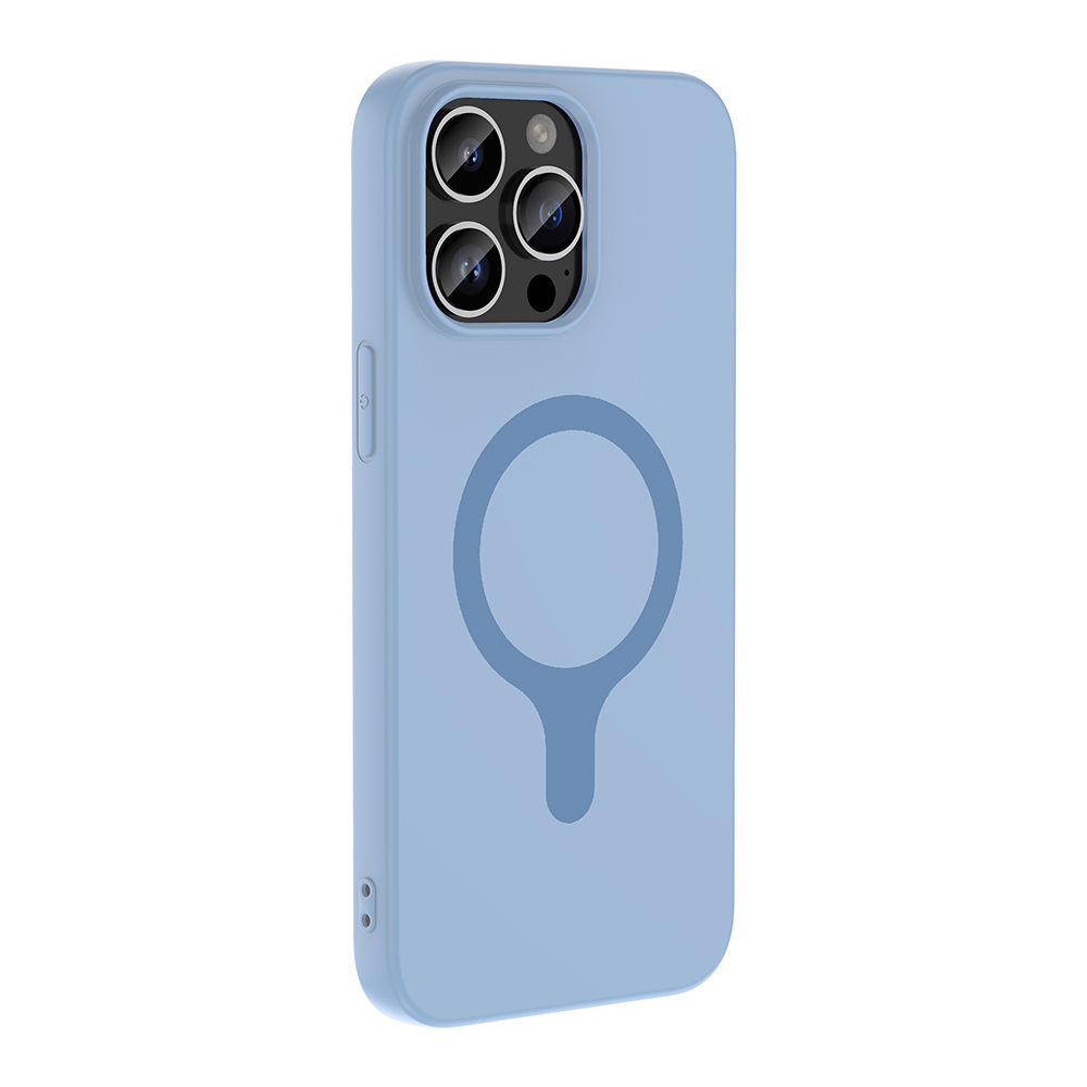 Kamera sistemi ve manyetik halkalı açık mavi telefon kılıfı.