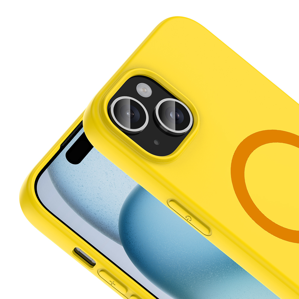 İki kameralı ve turuncu halkalı sarı telefon kılıfı.