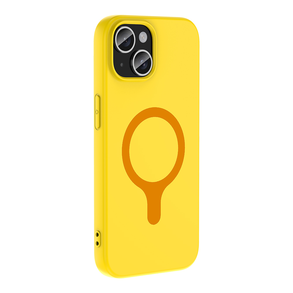 Turuncu manyetik halkalı ve üstte iki kamera lensli sarı telefon kılıfı.