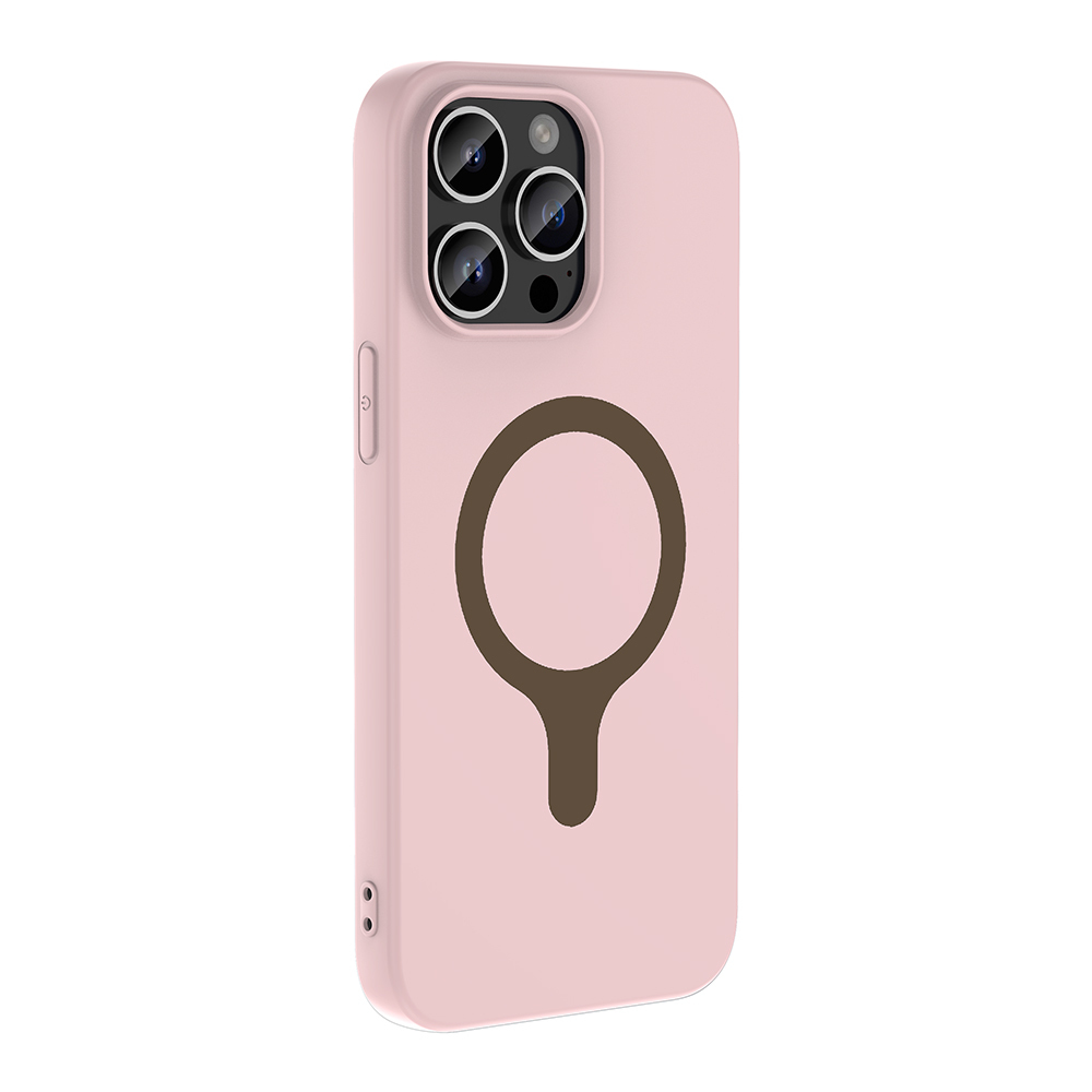 Arkada kahverengi halka ve sap tasarımı olan pembe telefon kılıfı.