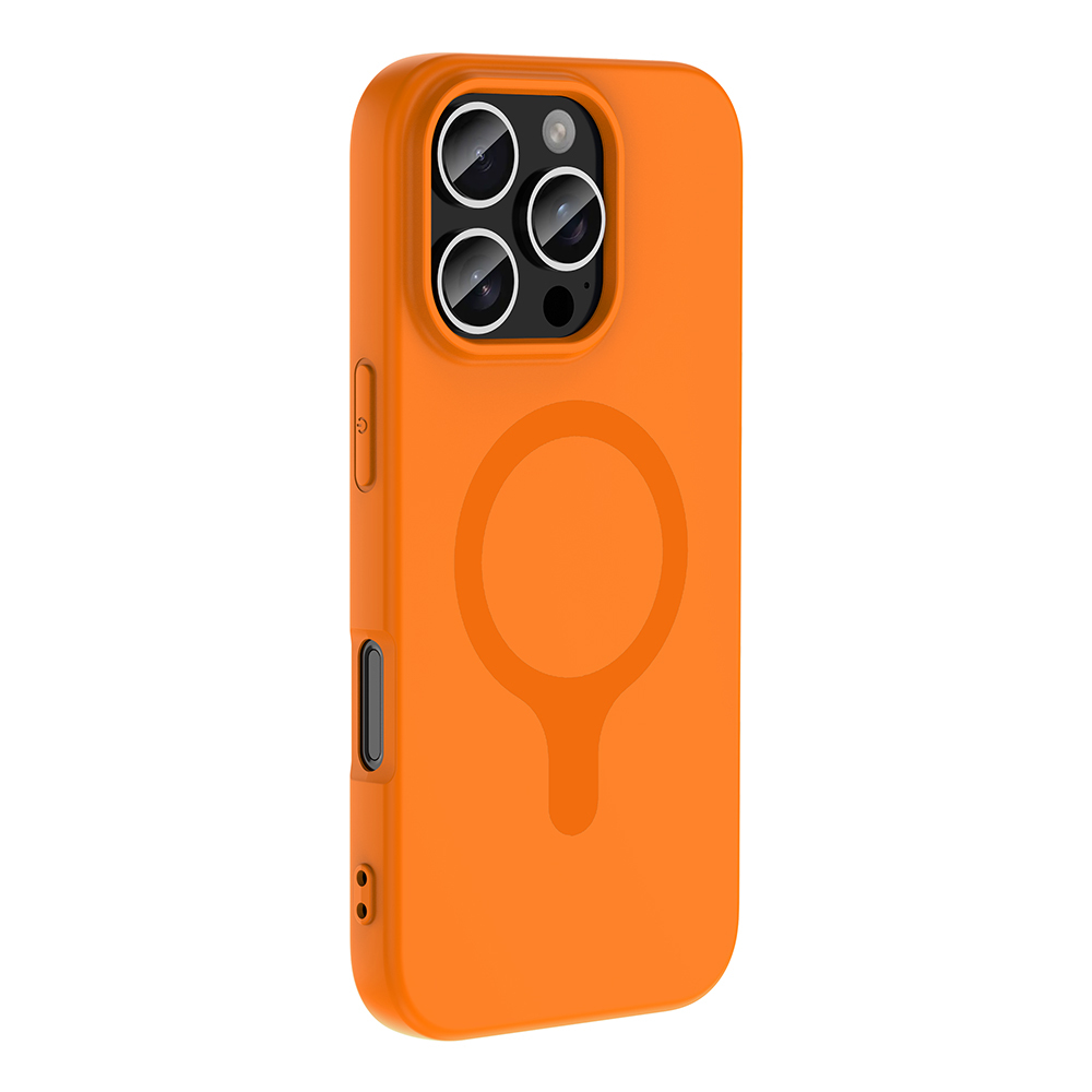 Kameralı ve manyetik halkalı turuncu telefon kılıfı.