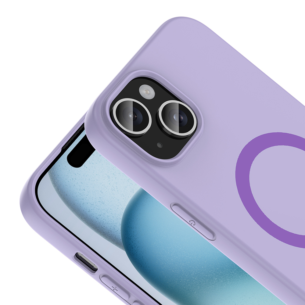 Kamer modülü ve dairesel MagSafe halkalı lavanta rengi telefon kılıfı.