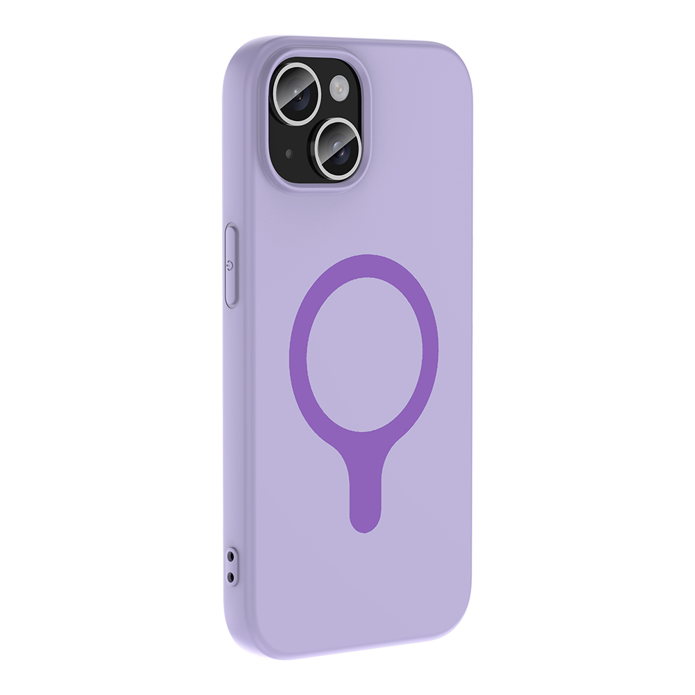 Manyetik halka ve kamera lensli mor iPhone kılıfı.