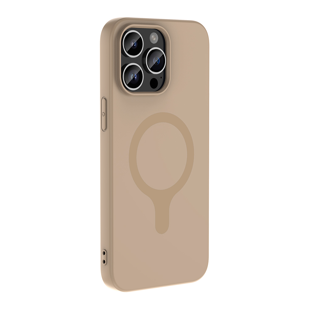 Üç kamera lensli ve dairesel logolu bej telefon kılıfı.