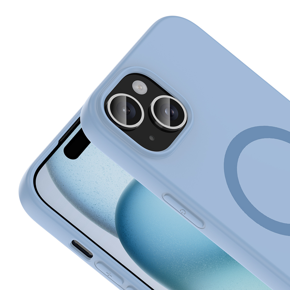 Görünür kamera modülüne sahip açık mavi telefon kılıfı.