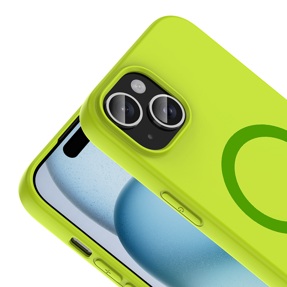 İki kameralı ve dairesel detaylı neon yeşili telefon kılıfı.