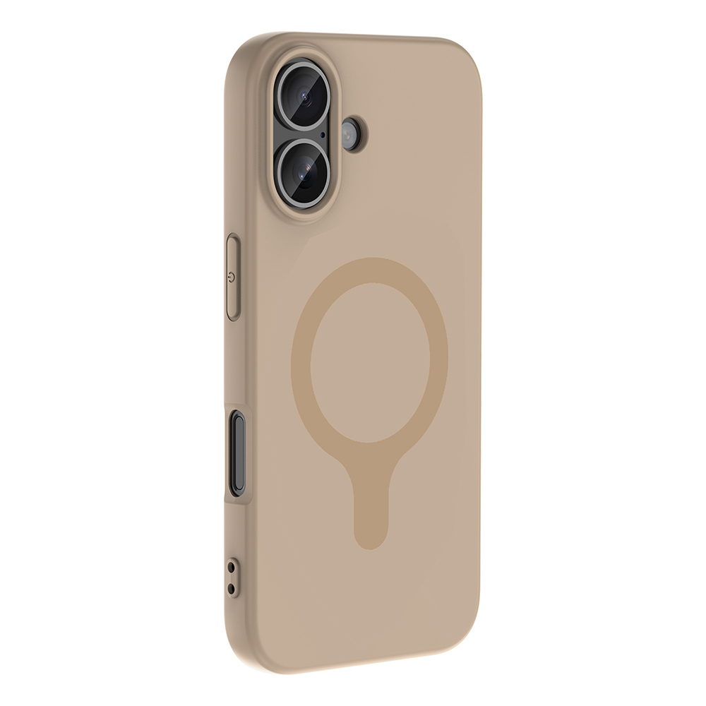 İki kamera lensli ve manyetik halkalı bej telefon kılıfı.