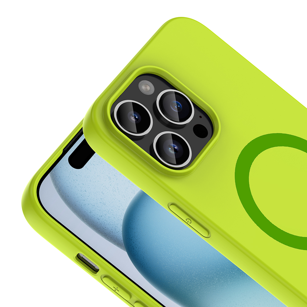 Kamera çıkıntılı ve dairesel tasarımlı parlak yeşil iPhone kılıfı.