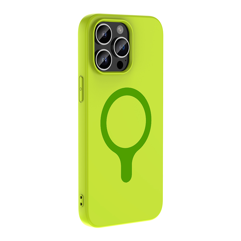 Arkada daire ve sap desenli, parlak sarı telefon kılıfı.