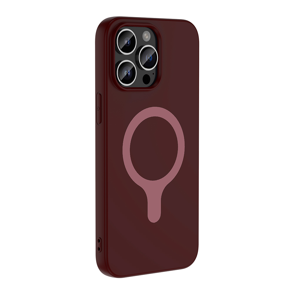 Üç kamera lensli ve dairesel desenli koyu kırmızı iPhone kılıfı.