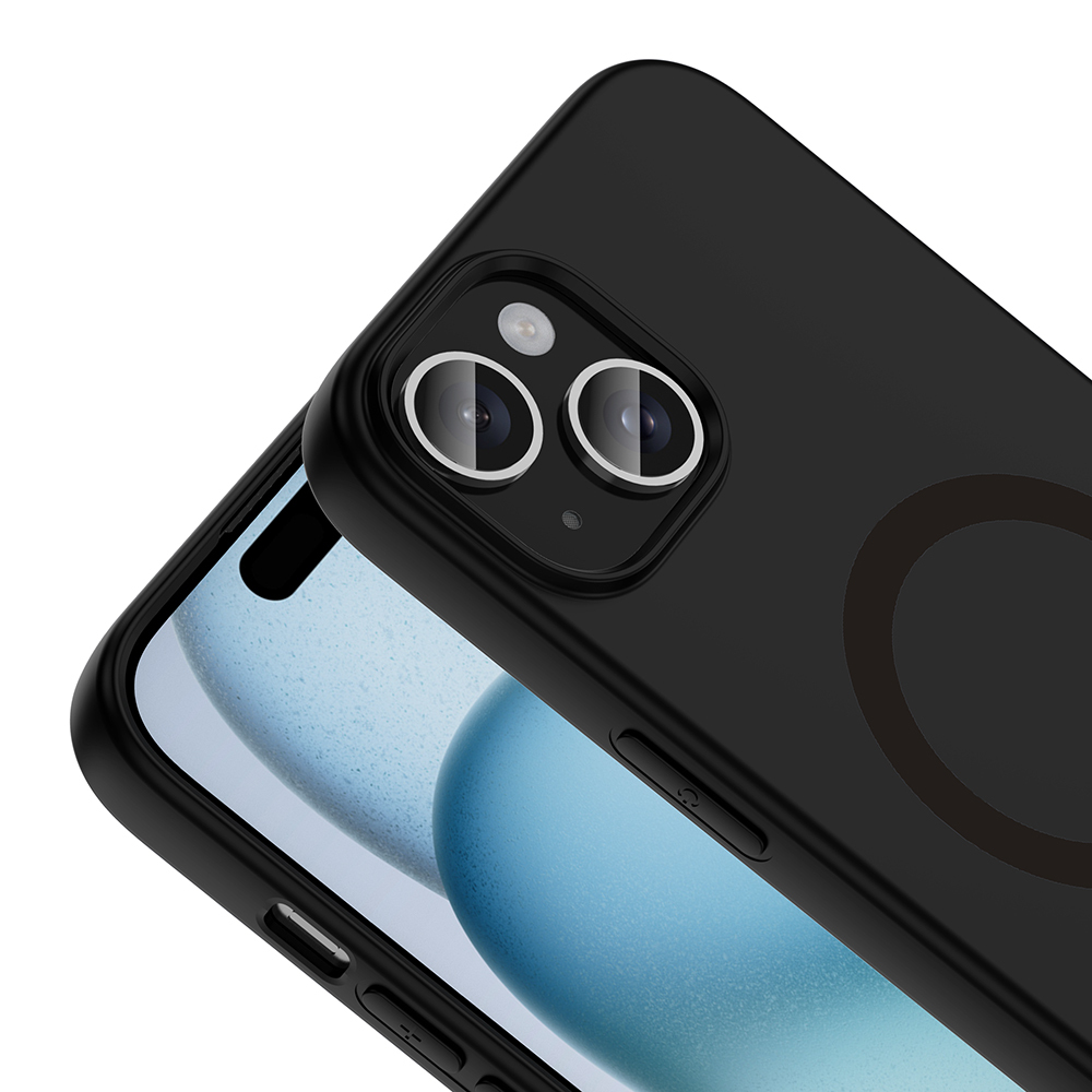 İki kameralı ve üzerinde daire bulunan siyah iPhone k ılıfı, beyaz arka plan.