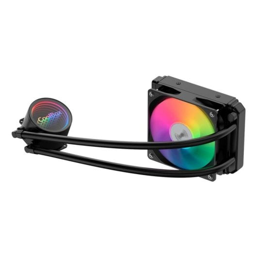 Un ventilador de computadora negro con LEDs de color arcoíris y una unidad más pequeña con logo 'CoolBox'.