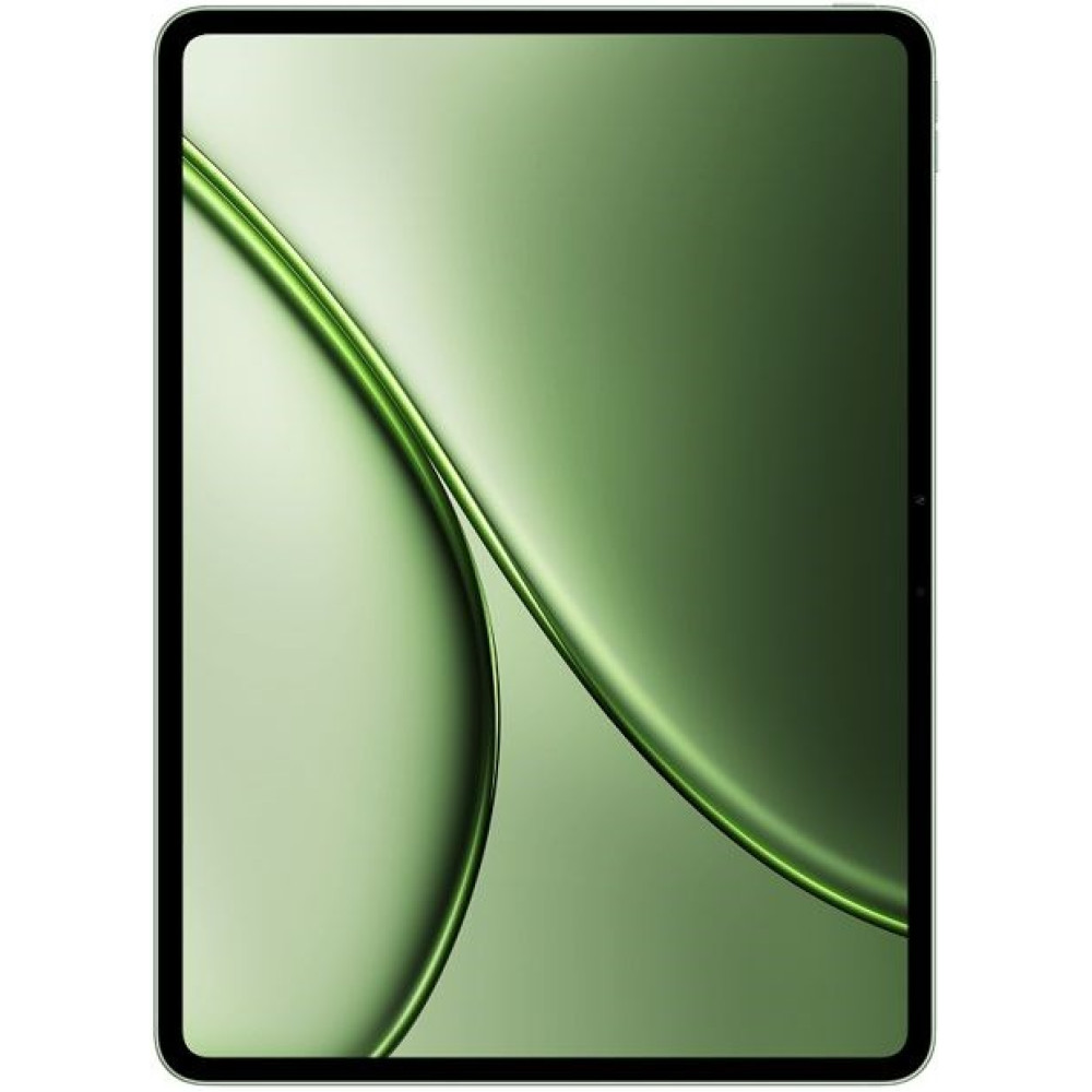 Tablet wyświetlający zielone, abstrakcyjne tło z zakrzywionymi liniami.