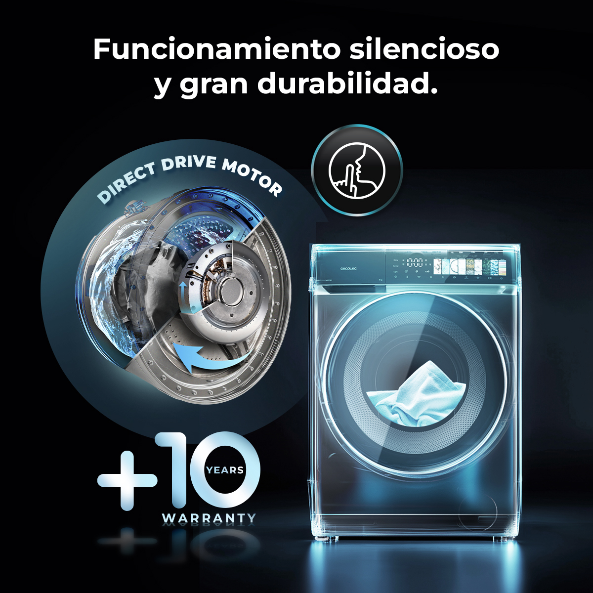 Lavatrice con dettaglio motore Direct Drive, 10 anni di garanzia e icona silenzio.