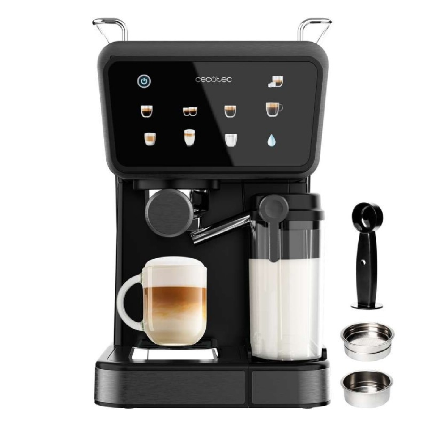 Una cafetera espresso negra con pantalla digital, una taza de latte y una jarra de leche.