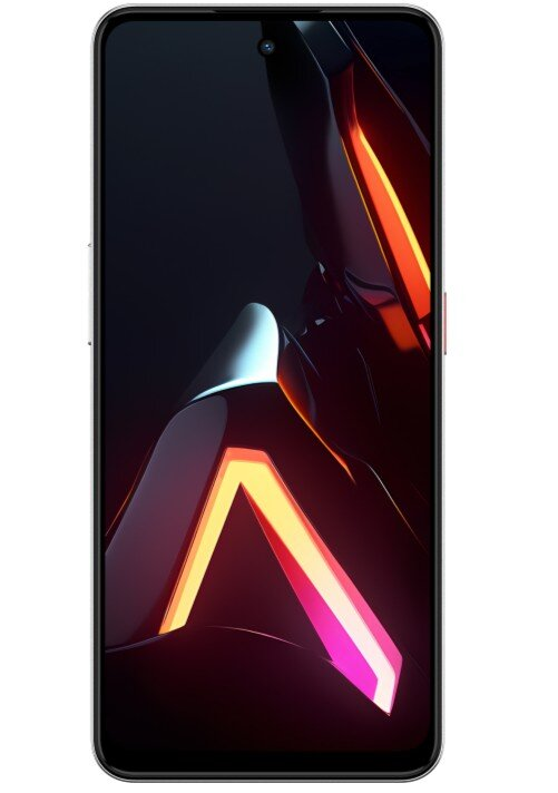 Uno smartphone con uno sfondo scuro e forme astratte e luminose in arancione, rosa e blu.