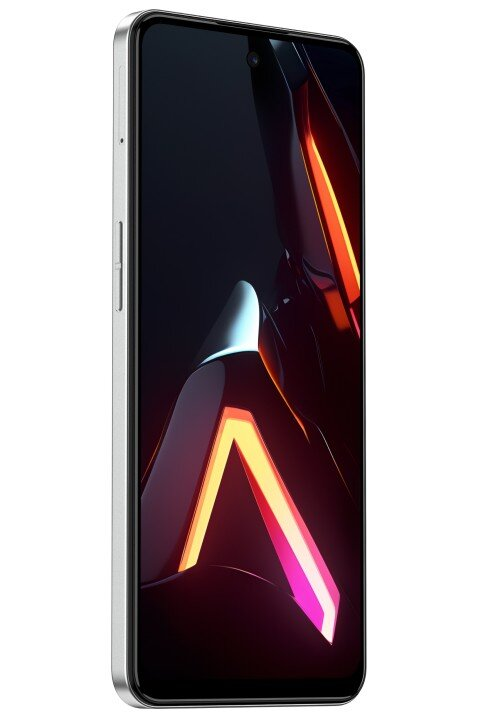 Smartphone argentato con sfondo astratto al neon.