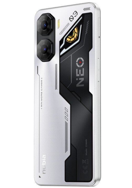 Uno smartphone bianco con design nero, due fotocamere e logo NEO.
