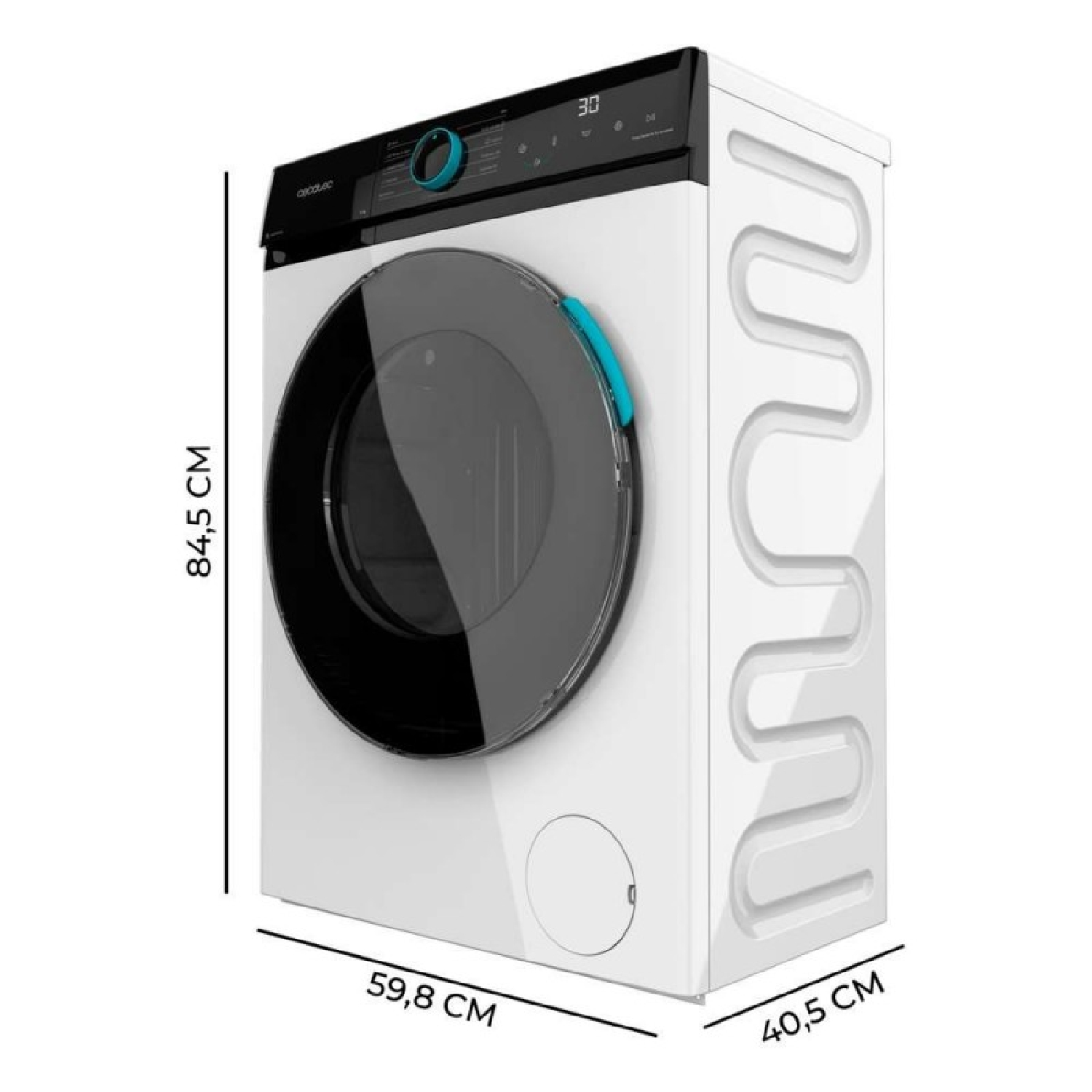 Lavadora blanca con panel de control negro y puerta redonda. Se muestran las dimensiones.