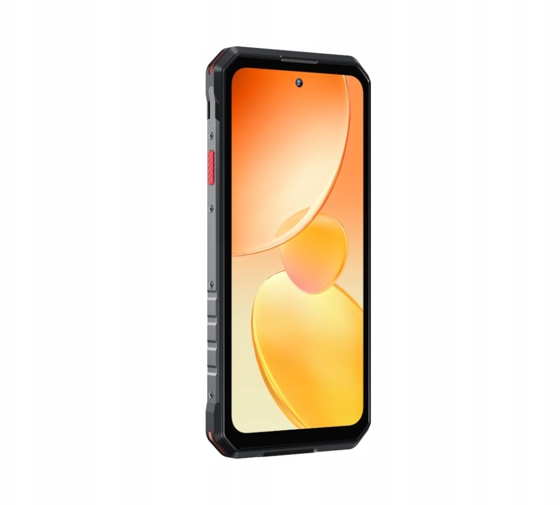 Uno smartphone robusto nero con accento rosso è mostrato su sfondo bianco. Lo schermo visualizza forme astratte arancioni e gialle.