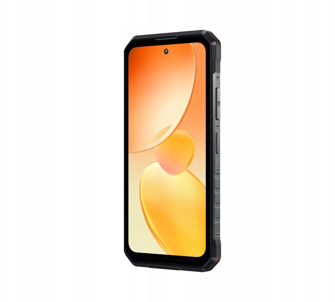 Uno smartphone robusto con cornice nera e sfondo arancione/giallo.