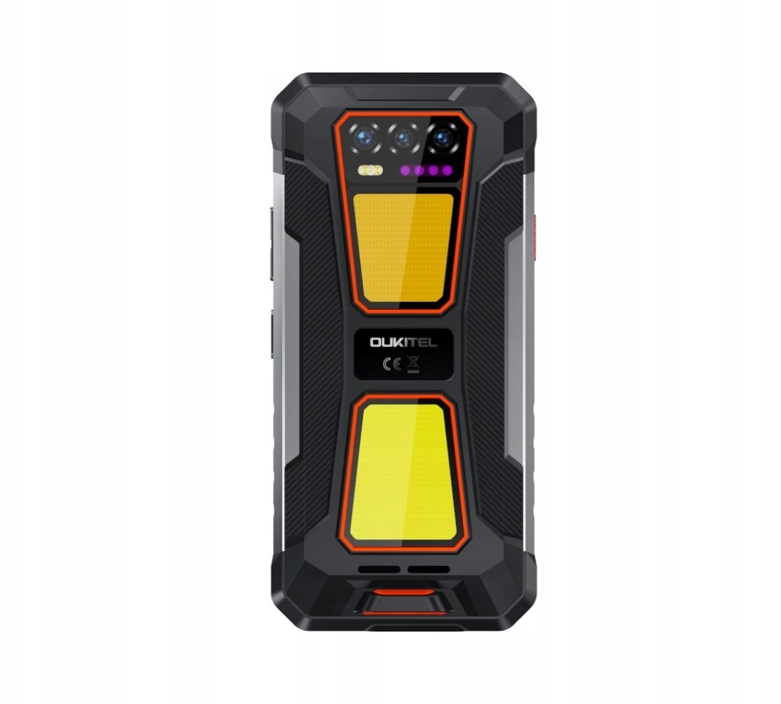 Smartphone robusto con fotocamere, flash e due inserti gialli.