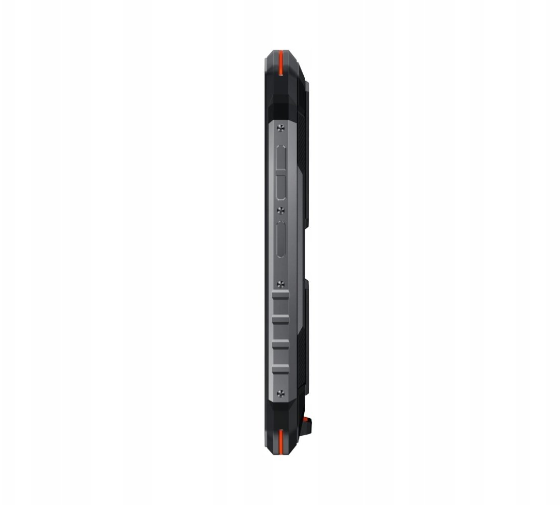Smartphone grigio con accenti rossi, vista laterale con pulsanti.