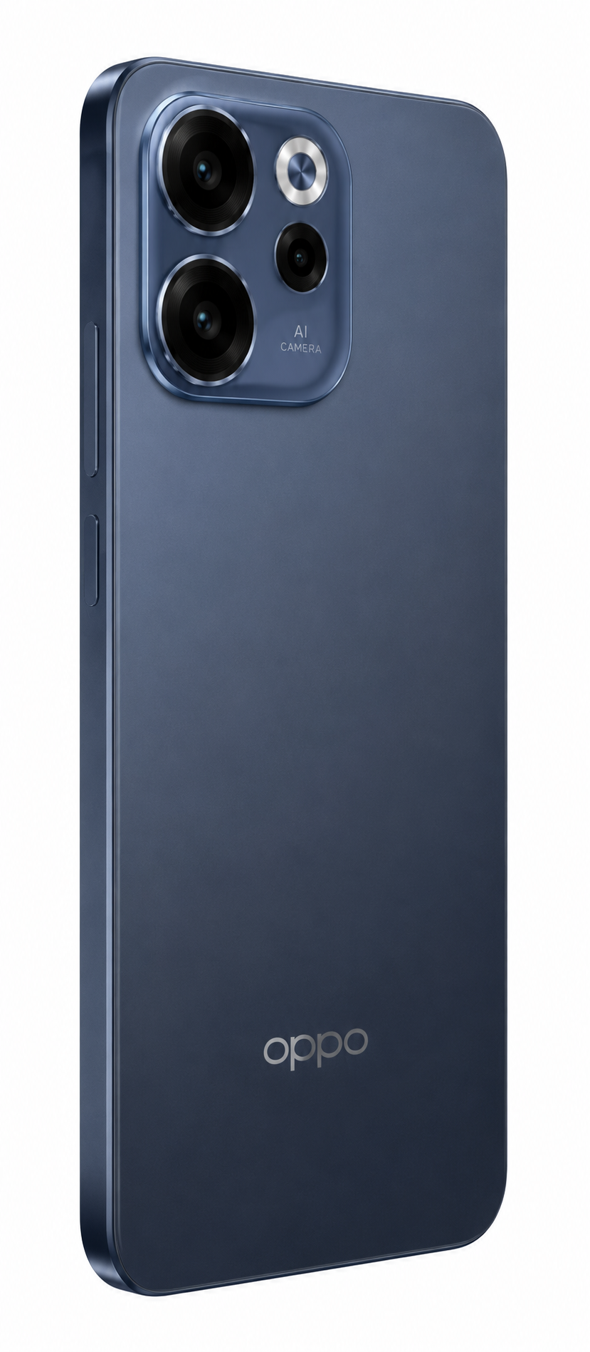 Smartphone OPPO blu scuro con sistema a tripla fotocamera e testo AI CAMERA.