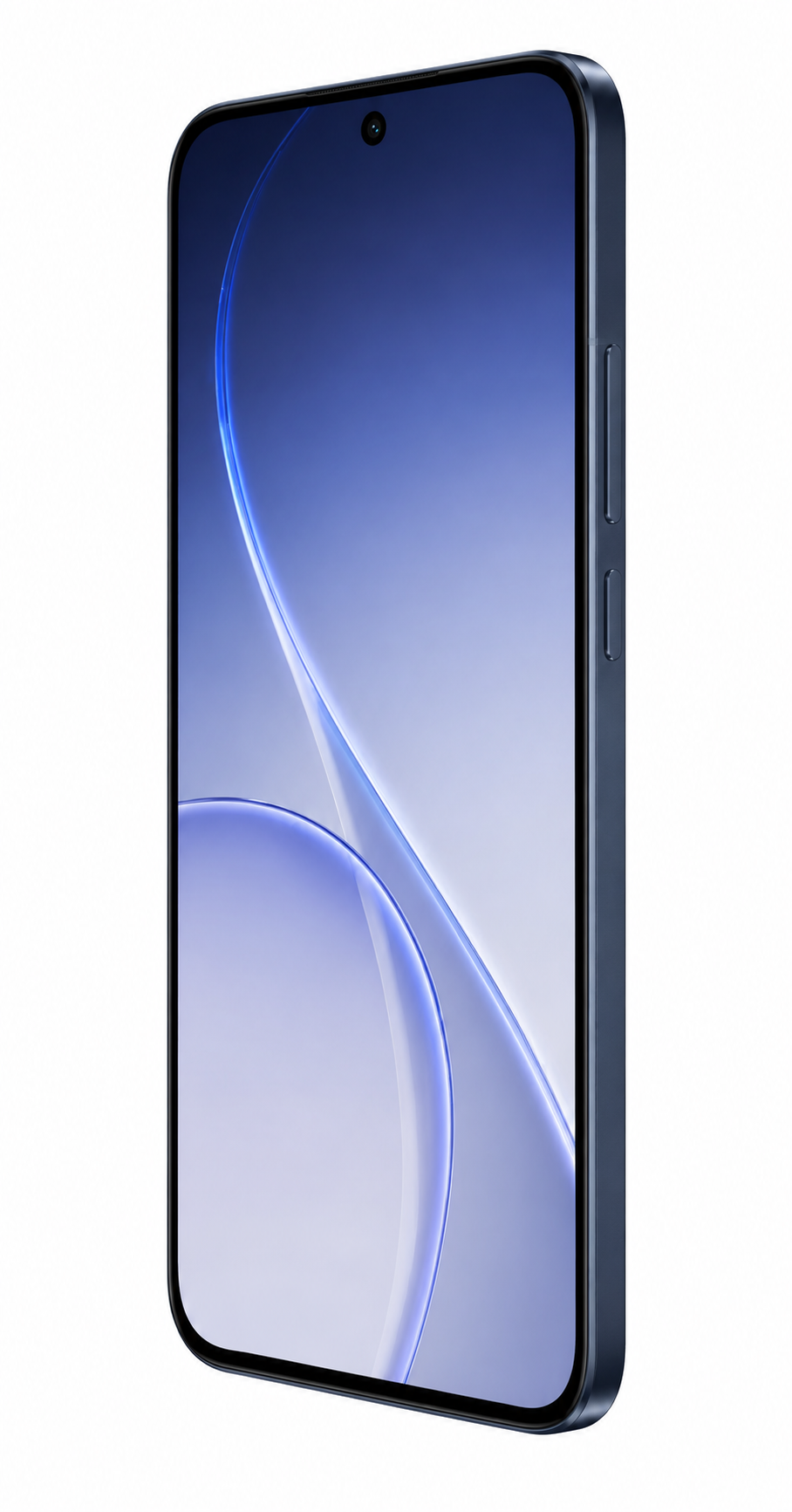 Smartphone blu scuro con angoli arrotondati e sfondo blu.