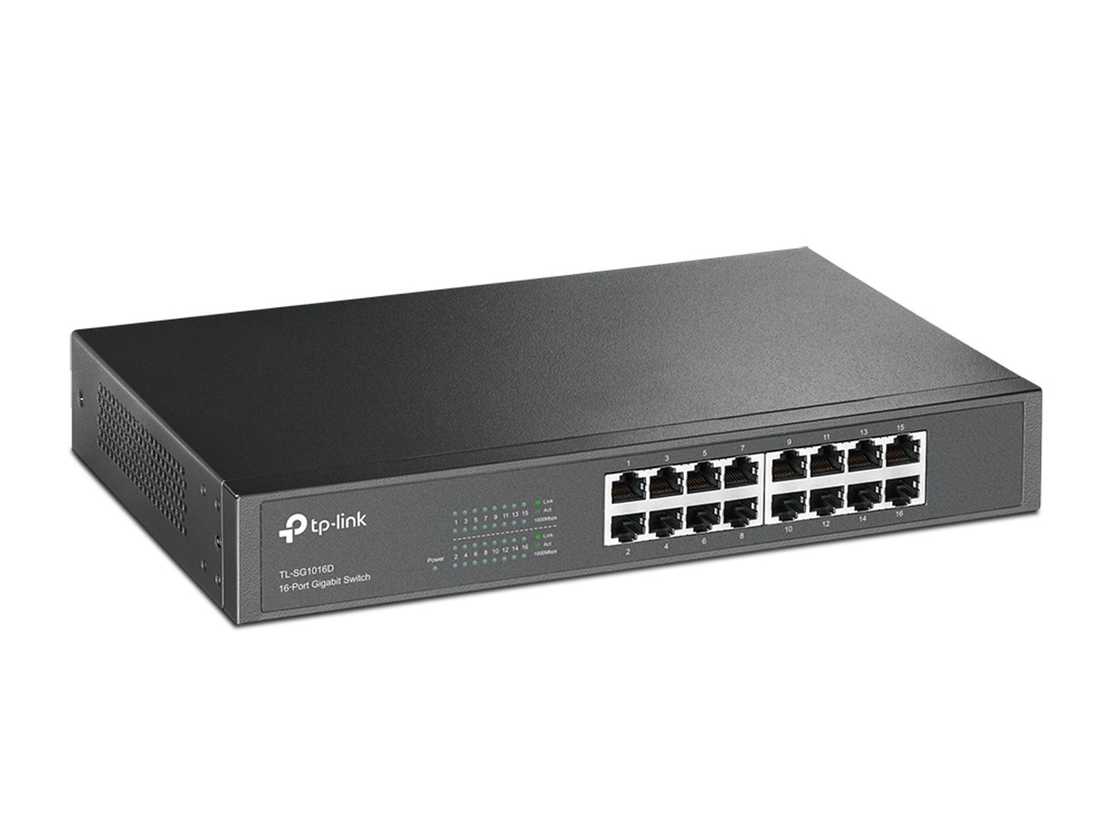 Ein schwarzer TP-Link 16-Port Gigabit Switch mit vielen Anschlüssen auf der Vorderseite.