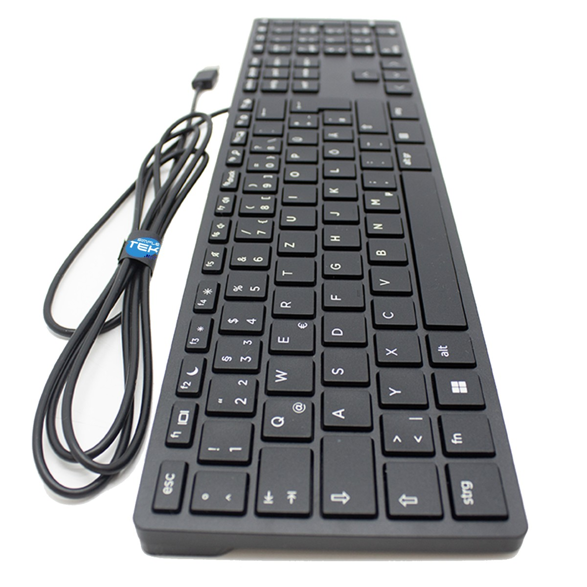 Una tastiera nera per computer con un cavo legato da una fascia blu.