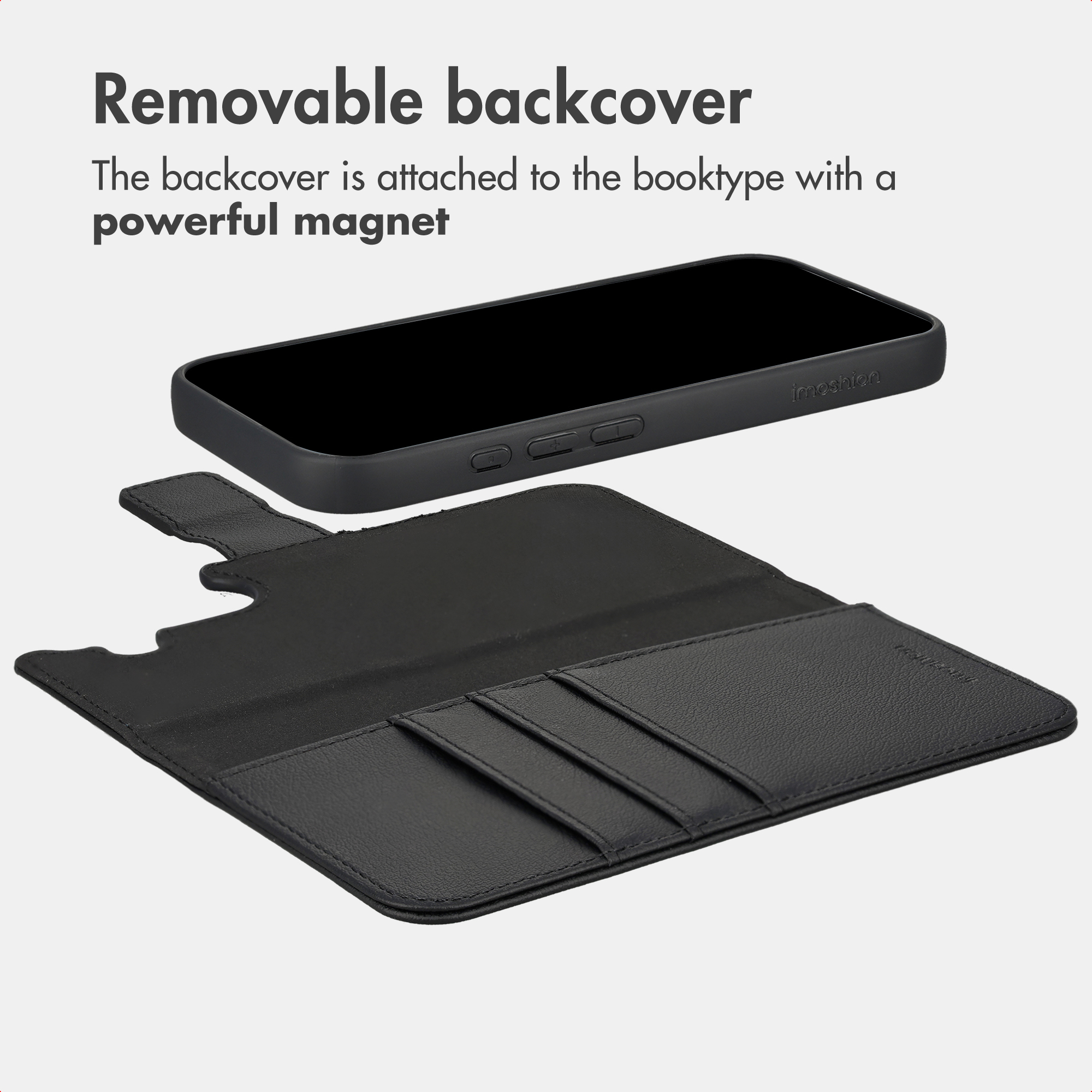 Telefono nero con cover posteriore rimovibile e slot.