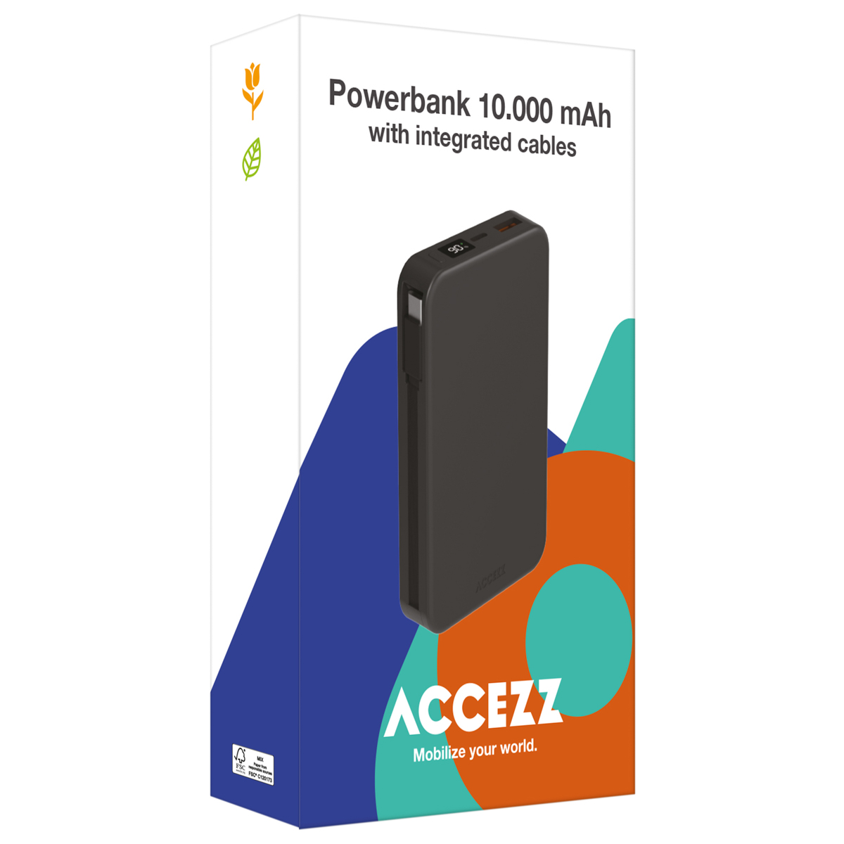 Packaging of a black 10,000 mAh power bank with integrated cables.