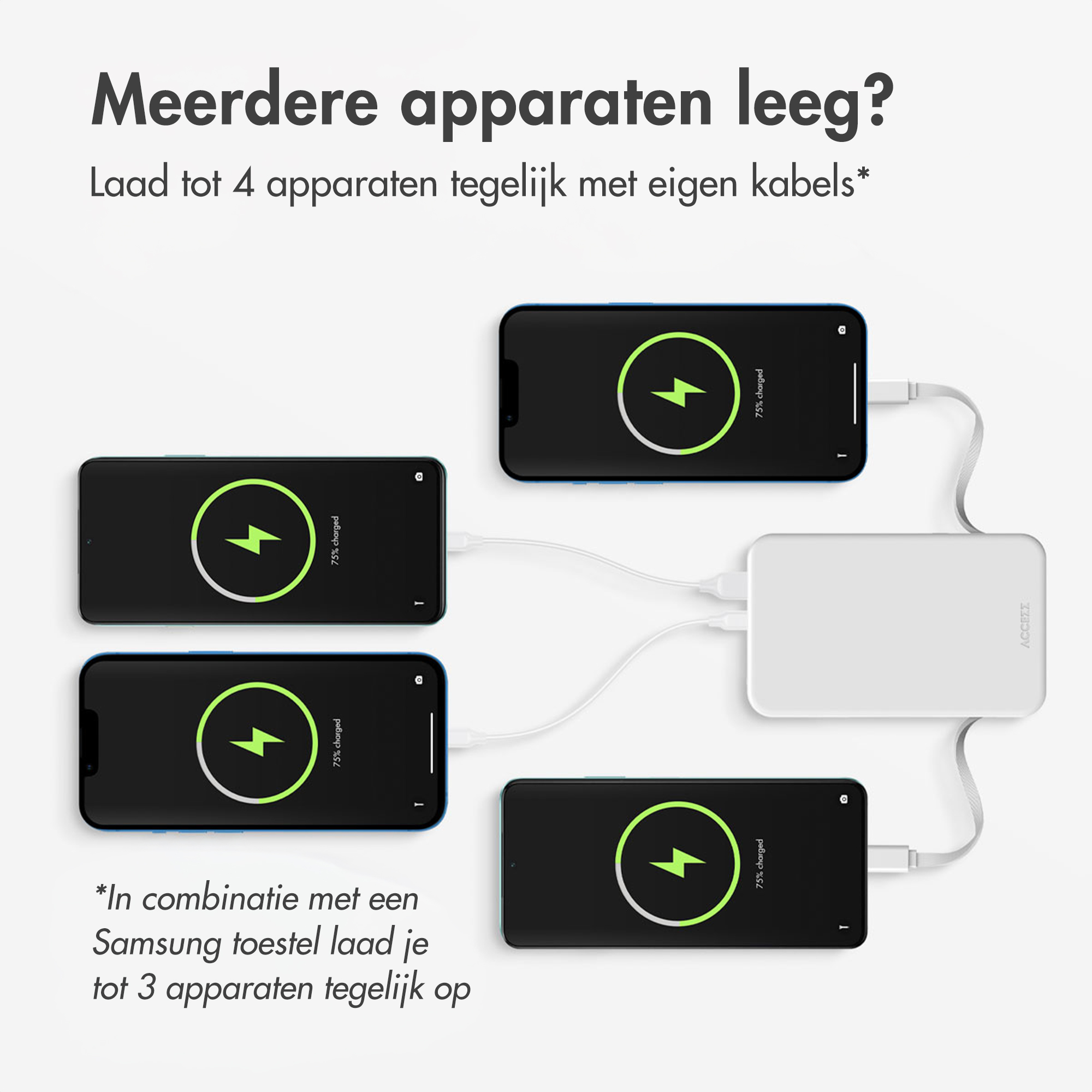 A white charging brick powers four smartphones simultaneously.