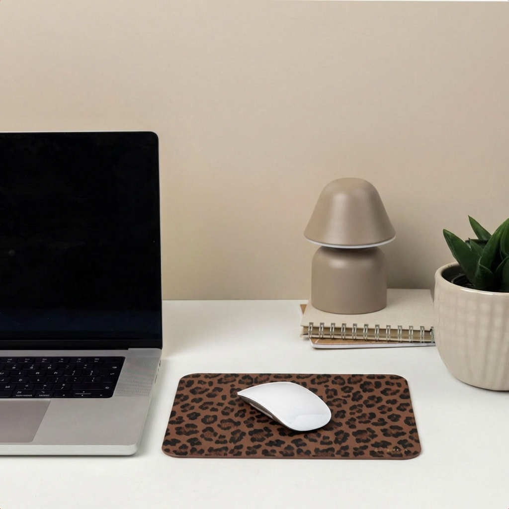 Een laptop, luipaardprint muismat, muis, lamp en plant op een bureau.