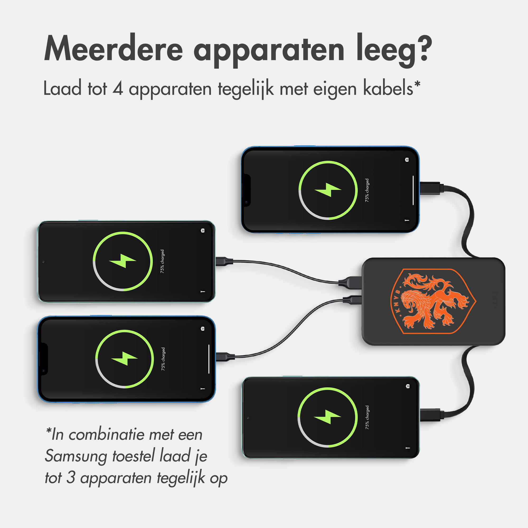 Four smartphones are charging via a black power bank with a KNVB logo.