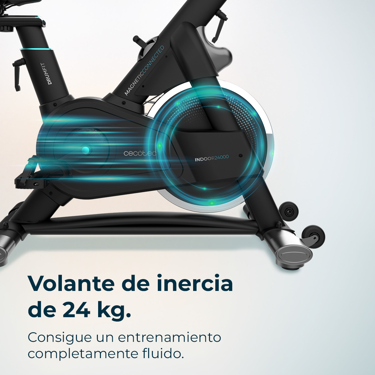 Bicicleta de interior negra con volante de inercia de 24 kg y efectos.