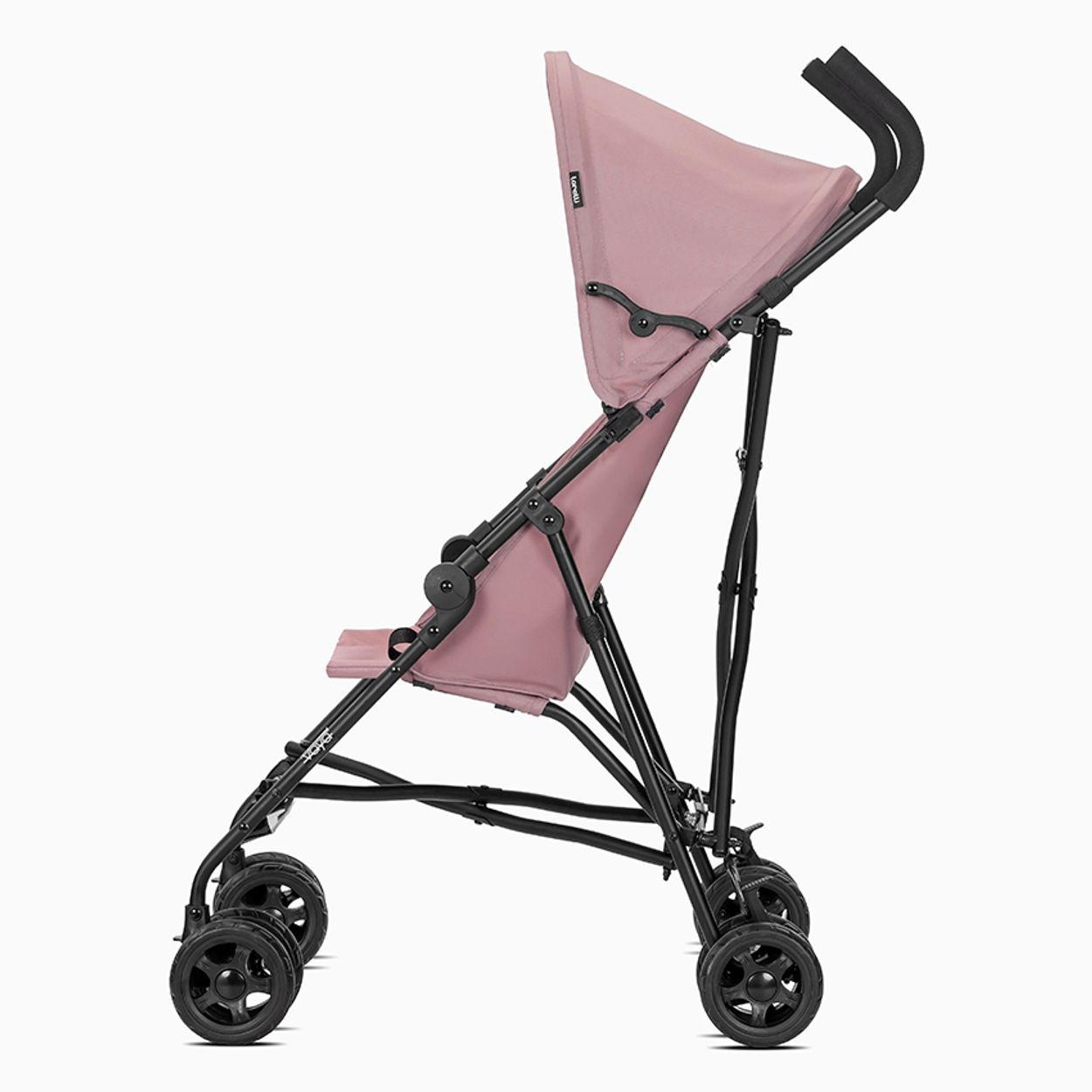Ein rosafarbener Kinderwagen mit schwarzem Rahmen und Rädern, von der Seite gesehen.