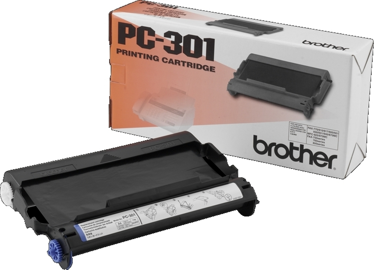 Brother PC-301 Druckerpatrone und Verpackung. Schwarze Patrone mit blauen und weißen Elementen.
