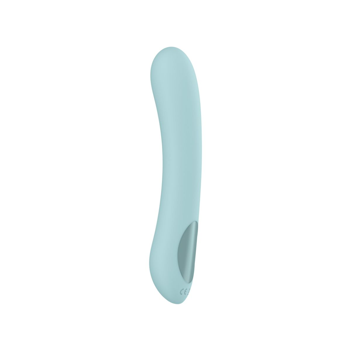 Ein hellblauer Vibrator mit einem ovalen grauen Einsatz und CE-Zeichen.