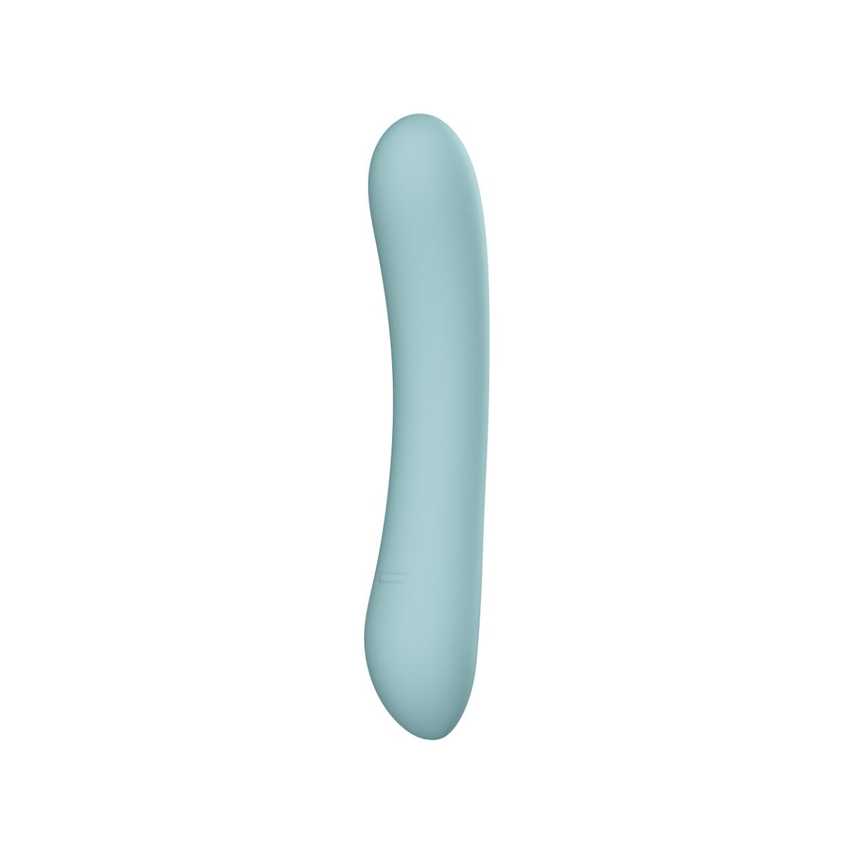 Ein schlanker, hellblauer Vibrator mit einer gebogenen Form auf weißem Hintergrund.