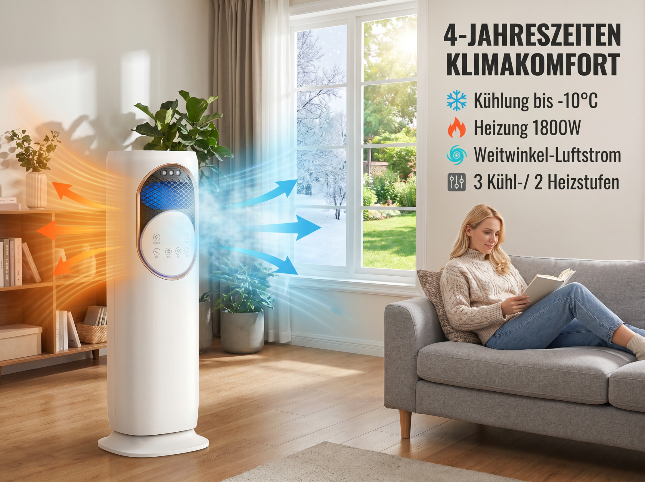 Ein weißer Turmventilator gibt warme und kalte Luft ab, während eine Frau auf einem Sofa liest.