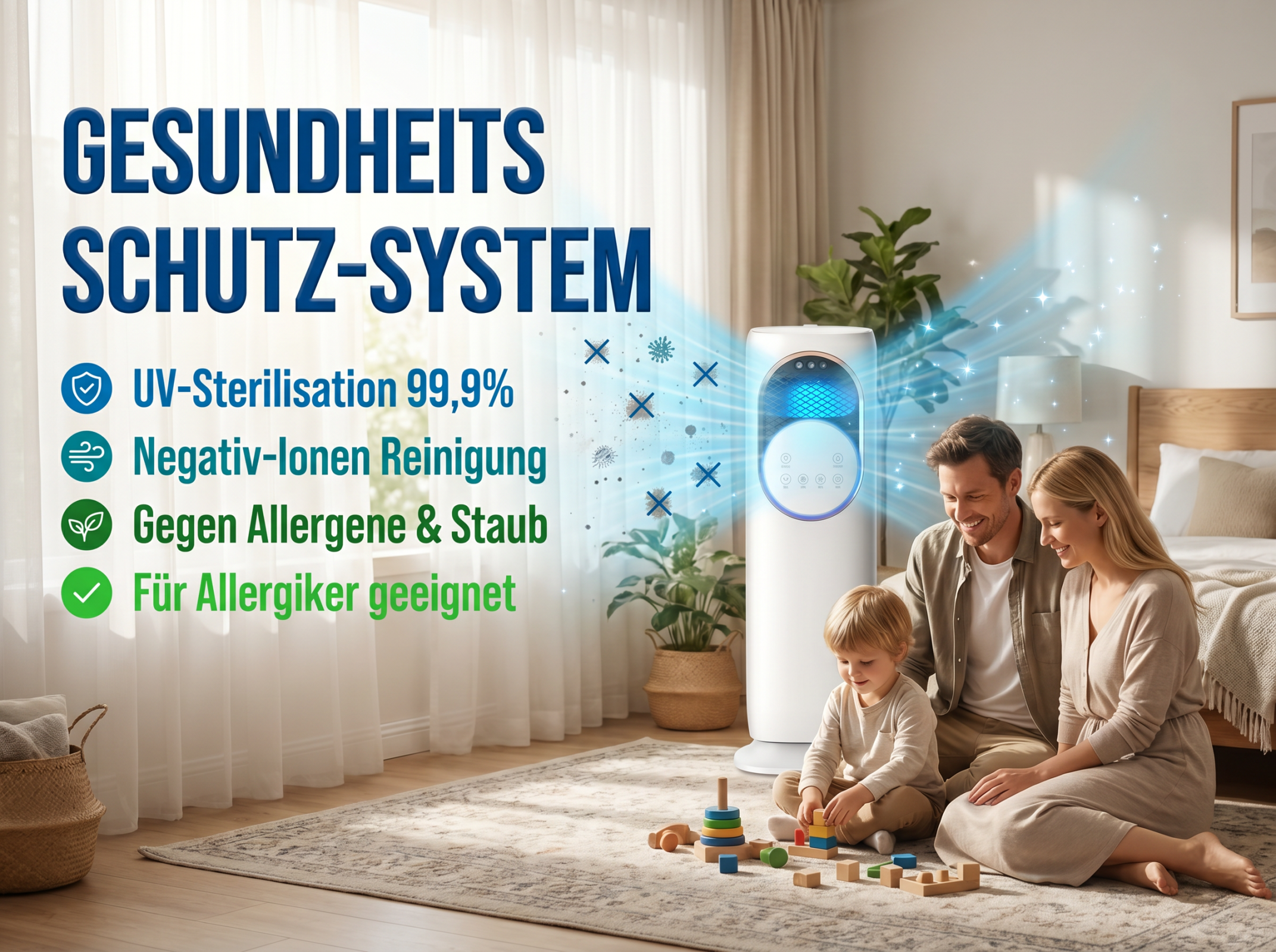 Familie im Wohnzimmer mit Luftreiniger. Text hebt Vorteile hervor.