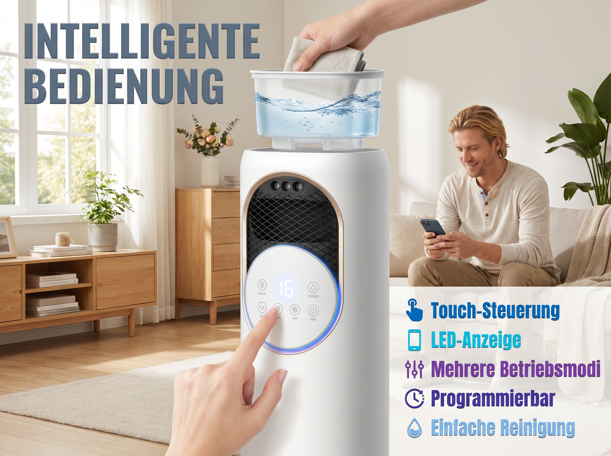 Mann mit Smartphone vor weißem Luftkühler mit Touch-Steuerung und LED-Anzeige.