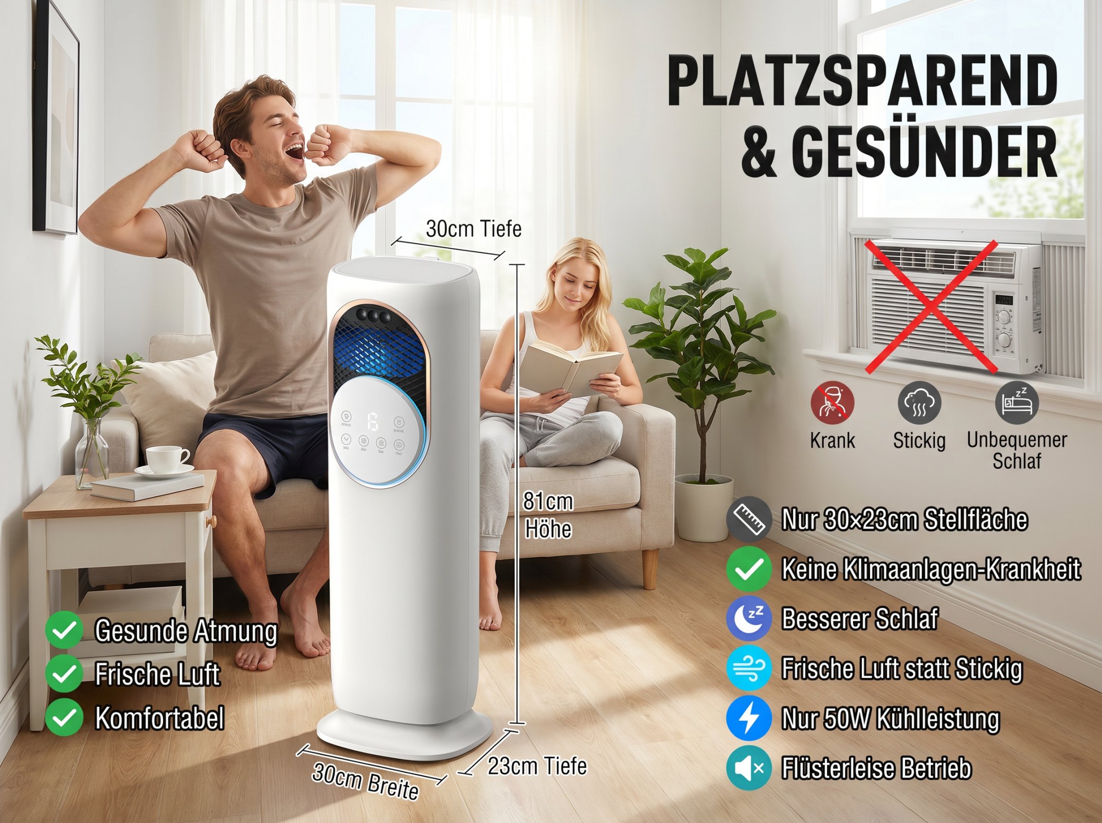 Ein Mann dehnt sich, eine Frau liest. Ein Luftreiniger steht im Raum.