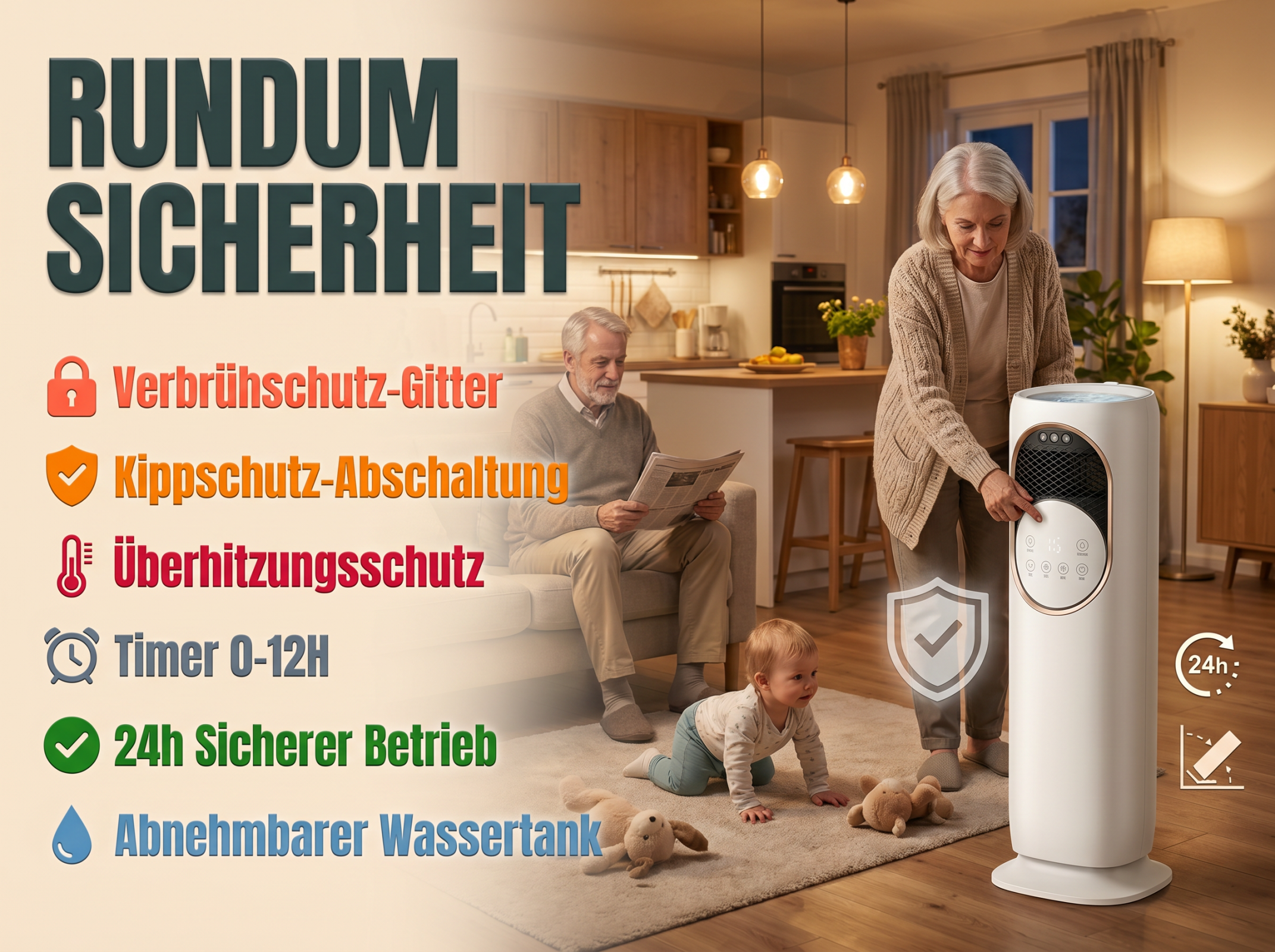 Sicheres Haushaltsgerät mit Schutzfunktionen wie Überhitzungsschutz.