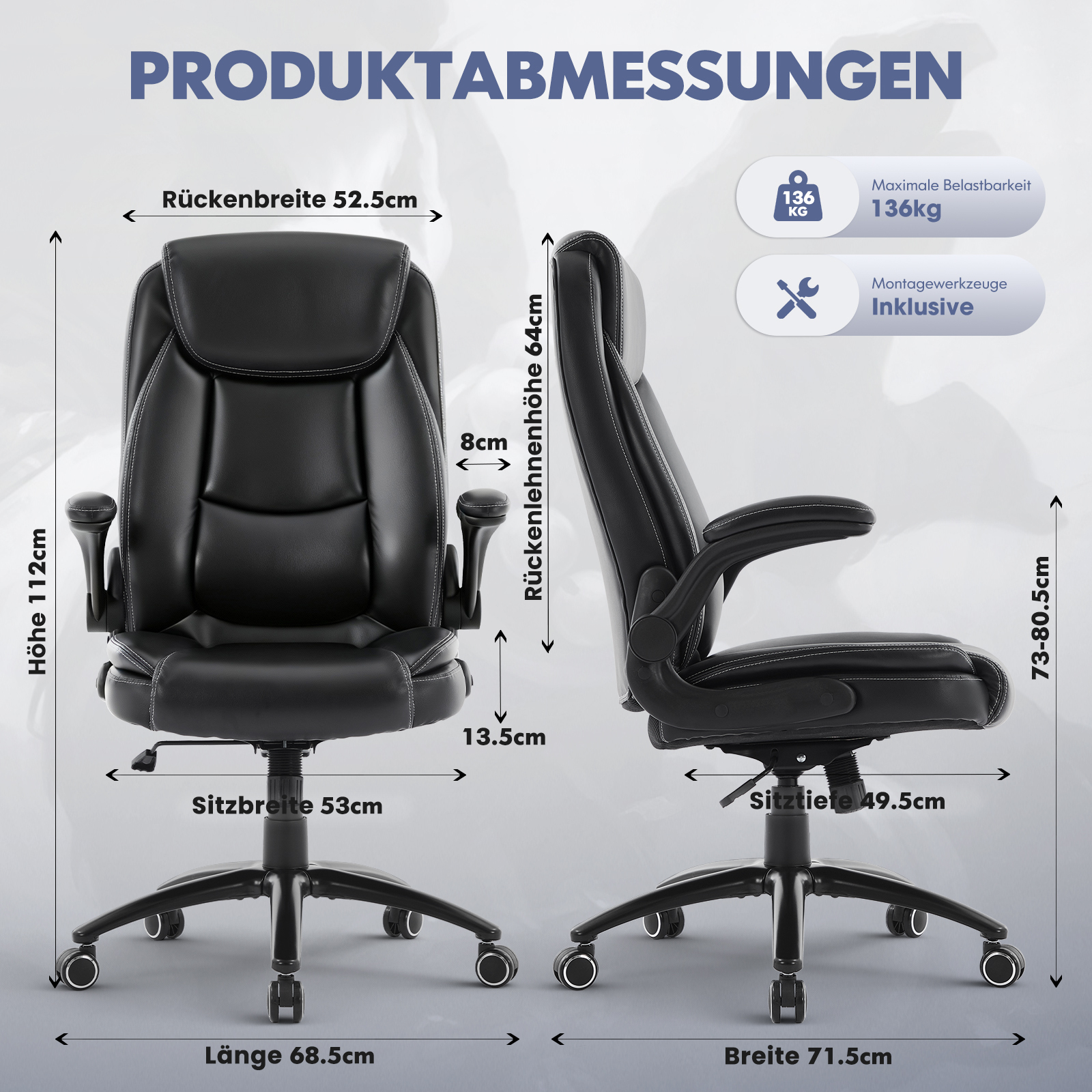 Dimensiones de una silla de oficina negra: Alto 112cm, Ancho asiento 53cm, Profundidad 49.5cm.
