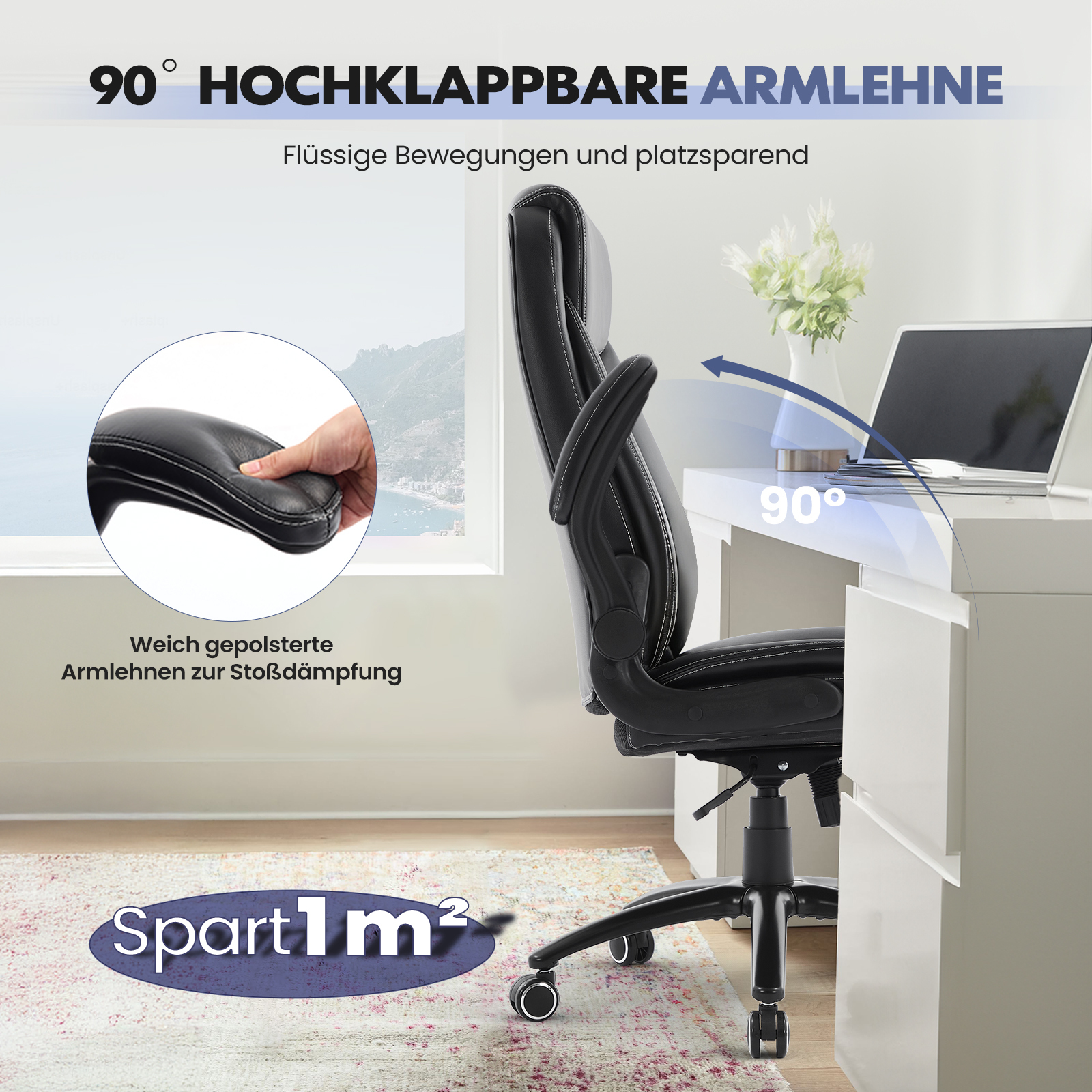 Silla de oficina negra con reposabrazos abatibles, junto a un escritorio.